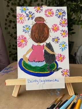 Dainty Daydreams4u Petals & Purrs Hand-Painted Acrylic Girl & Cat Floral Canvas